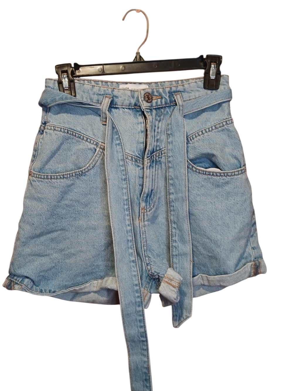 Zara Light Blue Denim Paperbag Waist Tie-Belt Shorts WAIST13"LENGTH15" INSEAM 2"